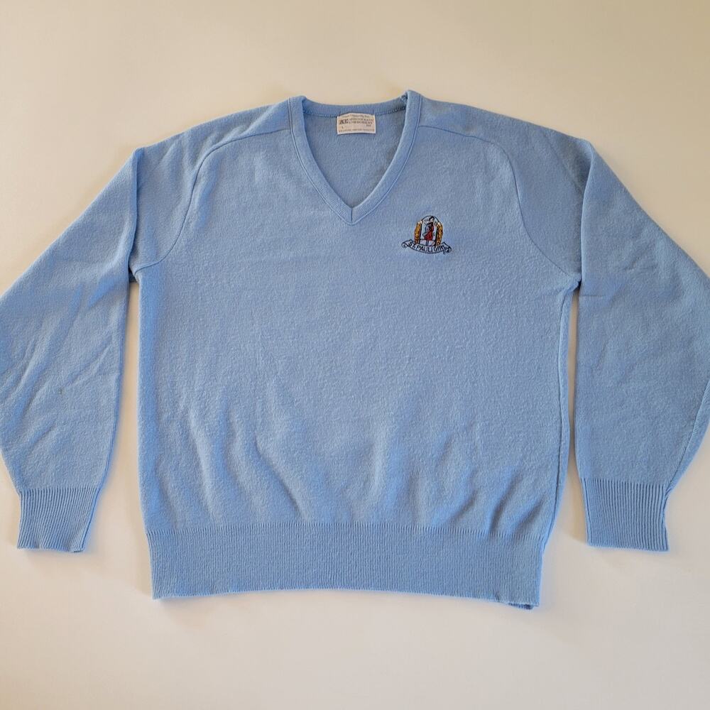 VTG Aristocratic Embroidery St Pauli Girl Blue Knit Golf Sweater V-Neck Large